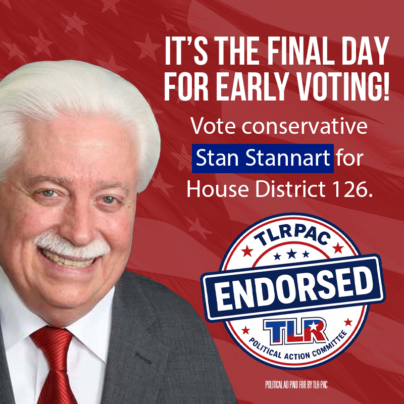 TLRPAC's tweet photo. It’s the last day to vote early in the Runoff Elections! Don’t miss your chance to support a true, conservative leader for HD 126. 

Vote @StanStanart, a champion for election integrity, who will bring those same principles to fight for a fair justice system. https://t.co/3Xiy9nK7d2