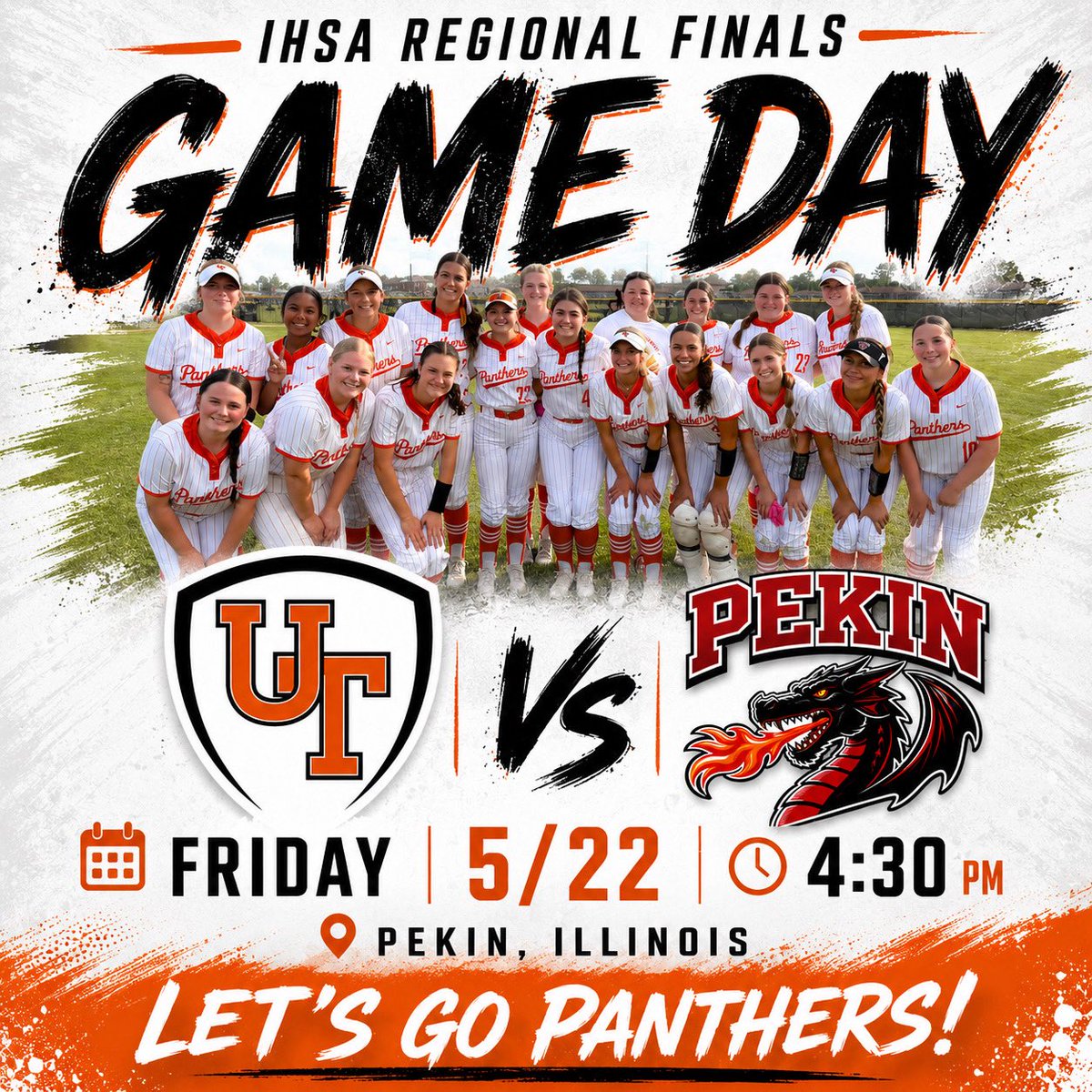 SoftballUTHS's tweet photo. GAME DAY🥎🐾🧡- REGIONAL CHAMPIONSHIP!
#PantherSoftball (25-7; 13-1)

🆚 Pekin Dragons 🐉 
🏟️ Pekin High School
📍Pekin, IL
⌚️4:30PM
🌡️72*
☁️ Cloudy
💻 Follow along on GameChanger ⬇️
https://t.co/uwDkM542IS https://t.co/q4GTKOfYRD
