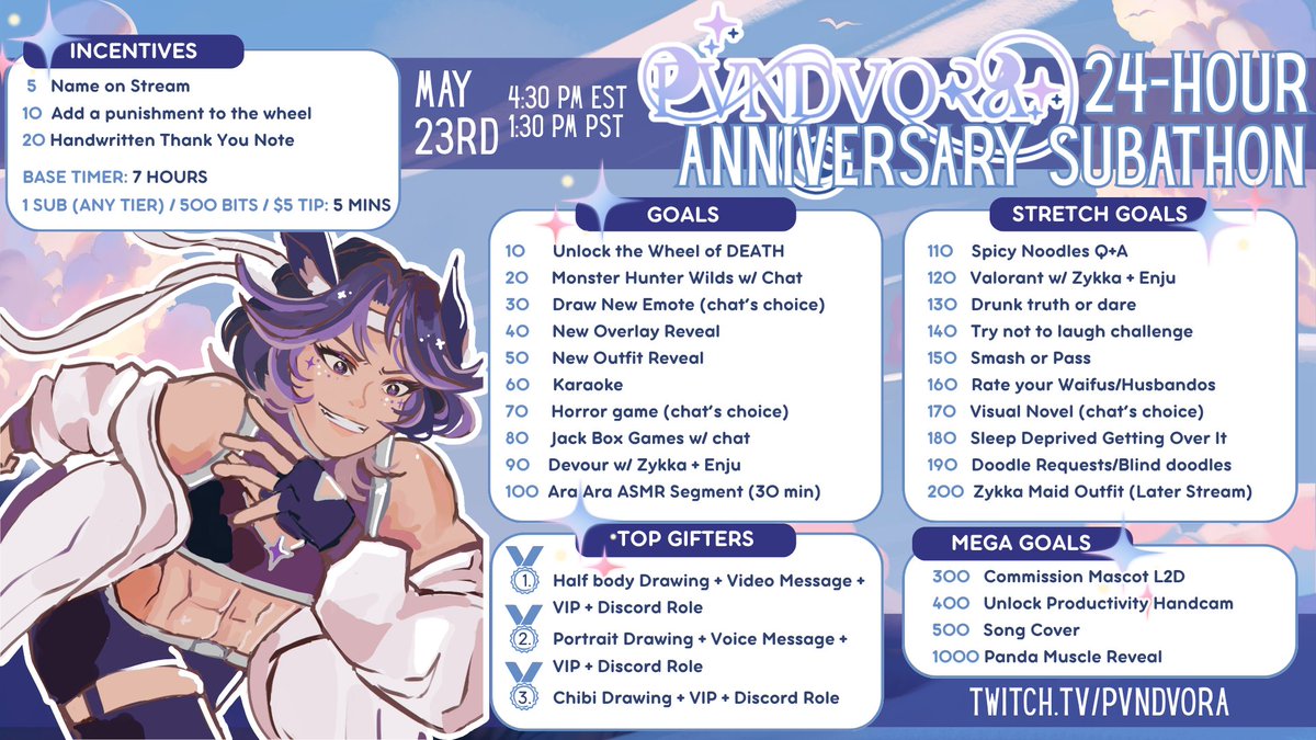 pvndvora's tweet photo. YOU'RE INVITED TO MY FIRST EVER 1-YEAR VTUBER ANNIVERSARY 24-HOUR CAPPED SUBATHON!!🎉

Can you believe its been a whole year?! Starting Saturday, May 23rd at 4:30PM EST, I've cooked up a lot of amazing surprises and fun events- I HOPE SEE YOU THERE!! 💪✨ https://t.co/nw4Q6oTLbD