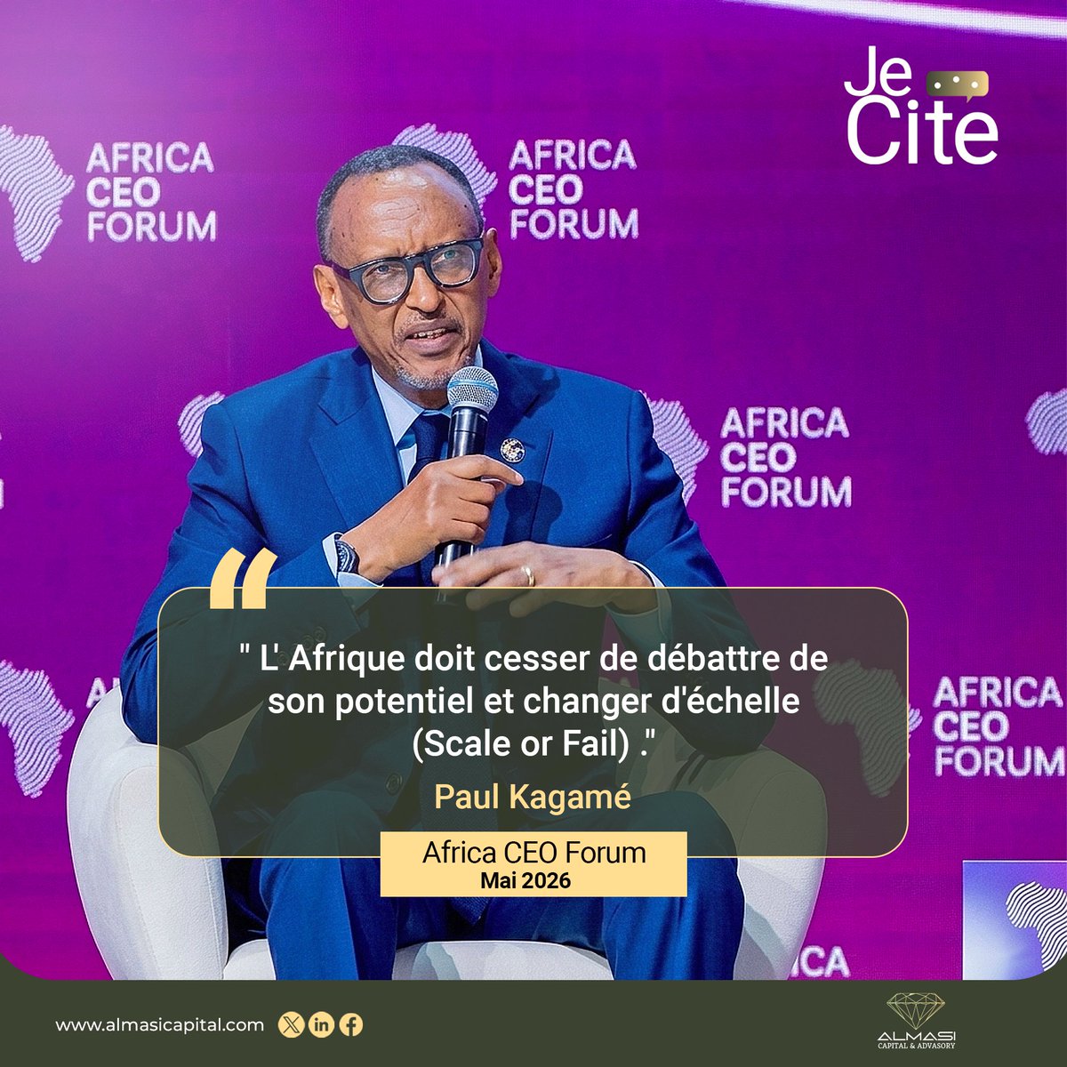 alca237's tweet photo. 📢 #JeCite | Paul Kagamé au Africa CEO Forum 2026 : "L'Afrique doit cesser de débattre de son potentiel et changer d'échelle (Scale or Fail)."
L'avis d'ALMASI : Le potentiel ne figure pas sur un bilan. La richesse naît de la bancabilité des projets !
 
#Kigali #Finance #ALMASI https://t.co/eAZNyBYkhJ