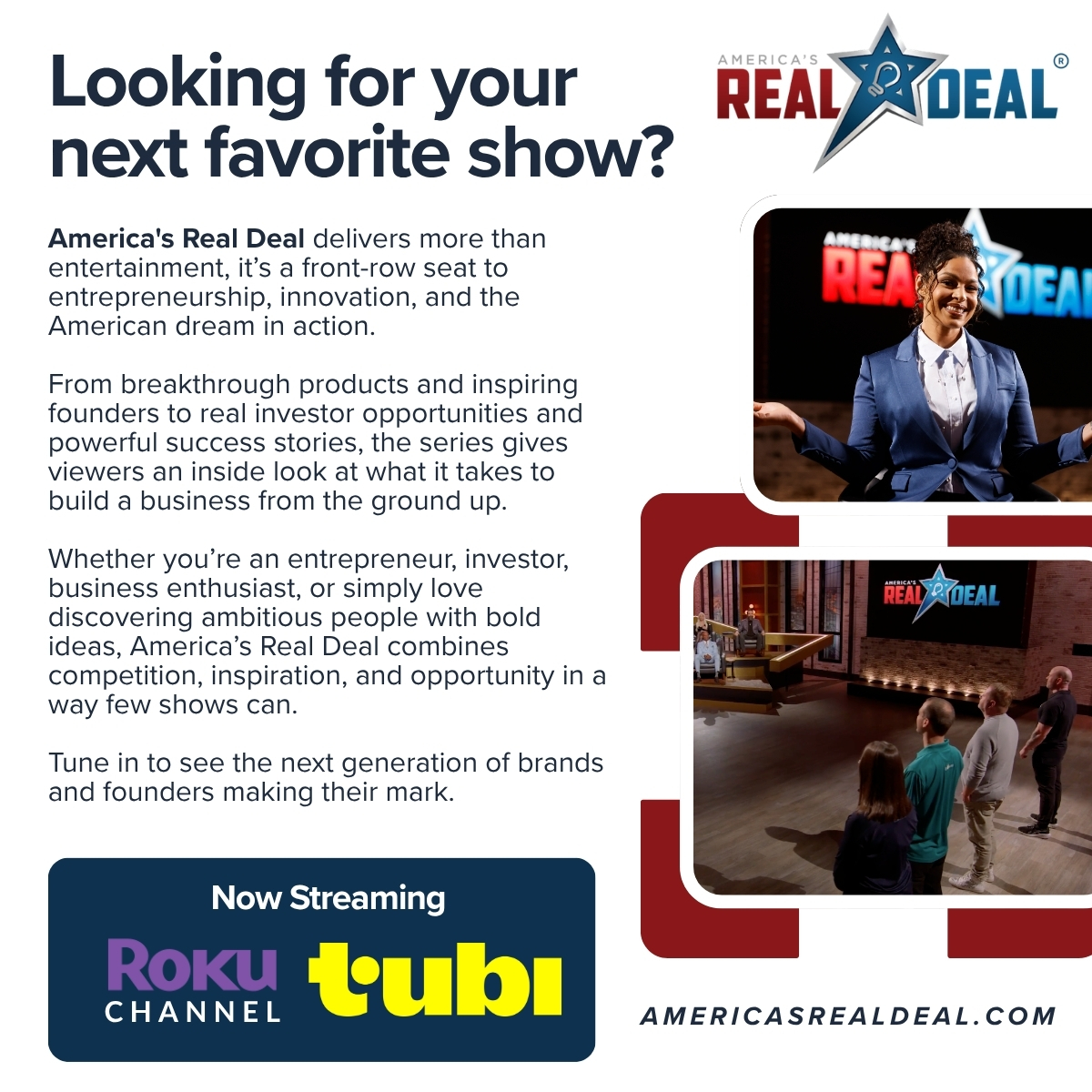 ardtvshow's tweet photo. Looking for your next favorite show?

America's Real Deal delivers more than entertainment, it’s a front-row seat to entrepreneurship, innovation, and the American dream in action.

From breakthrough products and inspiring founders to real investor opportunities and powerful success stories, the series gives viewers an inside look at what it takes to build a business from the ground up.

Whether you’re an entrepreneur, investor, business enthusiast, or simply love discovering ambitious people with bold ideas, America’s Real Deal combines competition, inspiration, and opportunity in a way few shows can.

Tune in to see the next generation of brands and founders making their mark.

https://t.co/bE5ui6j49M