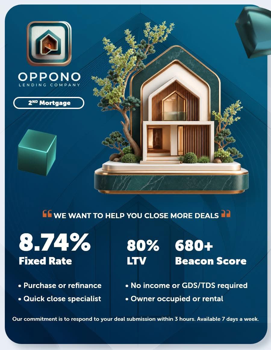 OpponoLending's tweet photo. ⭐️2nd Mortgage Product⭐️
✅8.74% Fixed Rate
✅680+ Beacon Score
✅80% LTV
✅Purchase or Refinance
✅No Income Or GDS/TDS Required
✅Quick Close Specialist
✅Owner Occupied Or Rental https://t.co/scDer2nqqV
