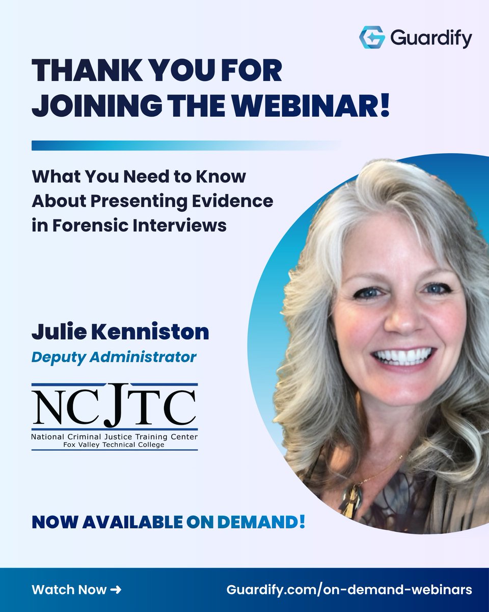 GetGuardify's tweet photo. Thank you to everyone who joined yesterday’s webinar with Julie Kenniston on presenting evidence in forensic interviews.

If you weren’t able to attend live, the recording is now available on demand: https://t.co/MCWYWzFunR https://t.co/KquQfNwnc4