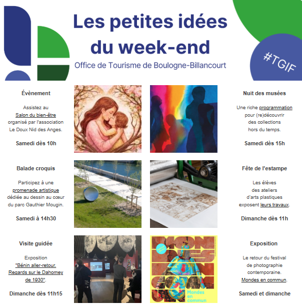 OTBB92's tweet photo. TGIF🎊
Retrouvez les activités à faire à #BoulogneBillancourt ce week-end !
📜 Voici le programme
🔗https://t.co/rkE0UF02QT

@Ville_BoulogneB @BoulogneCulture @DestinationHDS https://t.co/fMAlHFoC2T