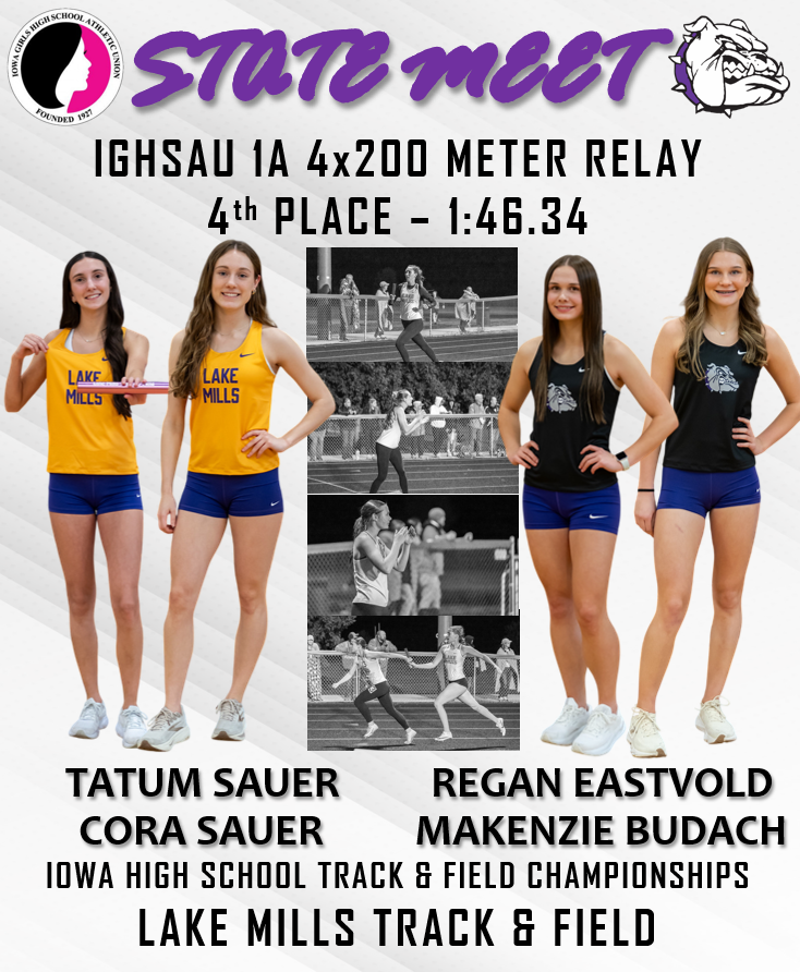 LAKEMILLS_SAAC's tweet photo. FINAL: Lake Mills Girls' 4x200 Meter Relay finishes 4th at the State Championships in a time of 1:46.34.

Tatum, Cora, Makenzie &amp; Regan move into 3rd place in program history.

Next up will be Makenzie in high jump (11:30am) and Cora in the 400mH (12:00pm) to round out the day. https://t.co/A3SqAYreuw