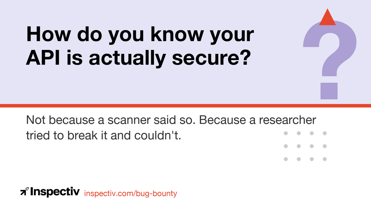 inspectiv's tweet photo. API security is business logic.

Can I swap a user ID and see someone else's data? Does rate limiting hold on every path, or just the happy one?

Scanners can't ask those questions. Researchers can.

https://t.co/hSSSTVwhjl https://t.co/ui6socHWiV