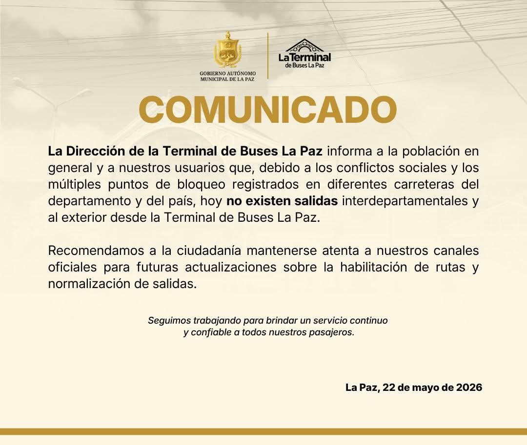 LaRazon_Bolivia's tweet photo. #Sociedad | La Terminal de Buses de La Paz informa que hoy no existen salidas interdepartamentales, ni internacionales, debido a los conflict0s sociales.
#larazóndigital #LaPaz #TerminalDeBuses #Viajes https://t.co/JlnNLUMoKL