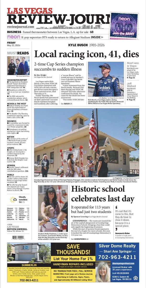 AlexWright1028's tweet photo. Plenty of Kyle Busch remembrance in today’s Review-Journal. @reviewjournal #NASCAR 

And online at: https://t.co/8fpRO0n6yn https://t.co/r06UUVFbwP