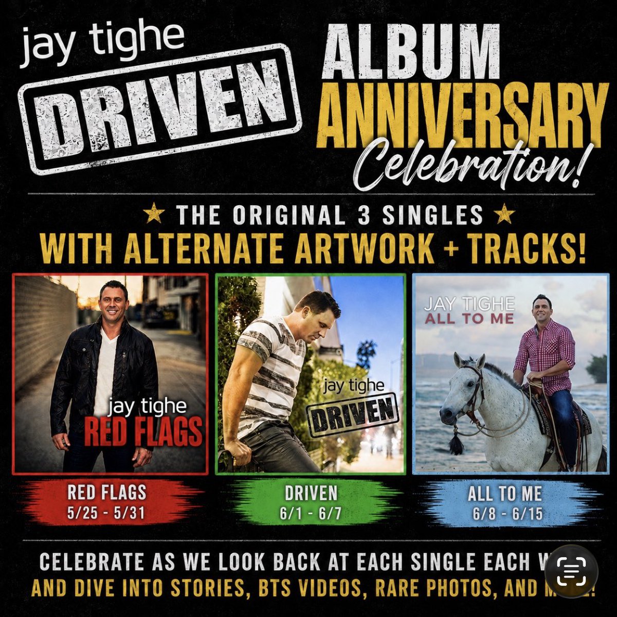 JayTighe's tweet photo. 🎉 DRIVEN Anniversary Celebration Starts next week! 🎉

Join me as we celebrate the album that started it all.  I’ll be taking you back through the music, memories, stories, and moments behind my debut album DRIVEN ❤️🎶

#country #countrymusic #hotcountry #anniversary #jaytighe https://t.co/jiEbCzl8KY