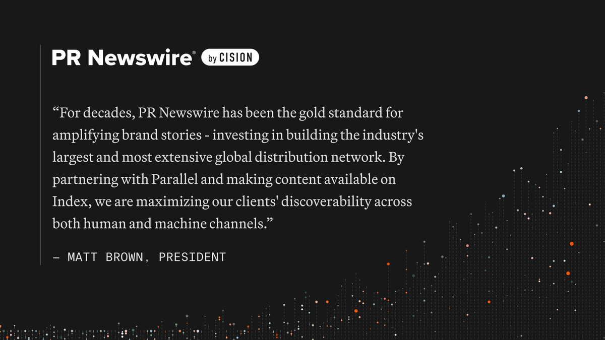 p0's tweet photo. We're proud to partner with @PRNewswire to make their content available to AI via Index.

Through Index, Businesses building agents with Parallel's APIs gain access to the largest global distribution of brand stories while upholding the long-term sustainability of PR Newswire's content.

Learn more at https://t.co/BSmfAf2p7L