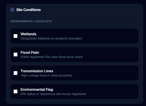 johnbonilla's tweet photo. I added a Site Conditions card for reviewing wetlands, floodplains, transmission lines, and other environmental flags. 

Still on the list.

Phone number manager (porting from another app)
Navigation
Import mapping system
Notes section
File attachments
Filtering system https://t.co/0n8F4dJwO2