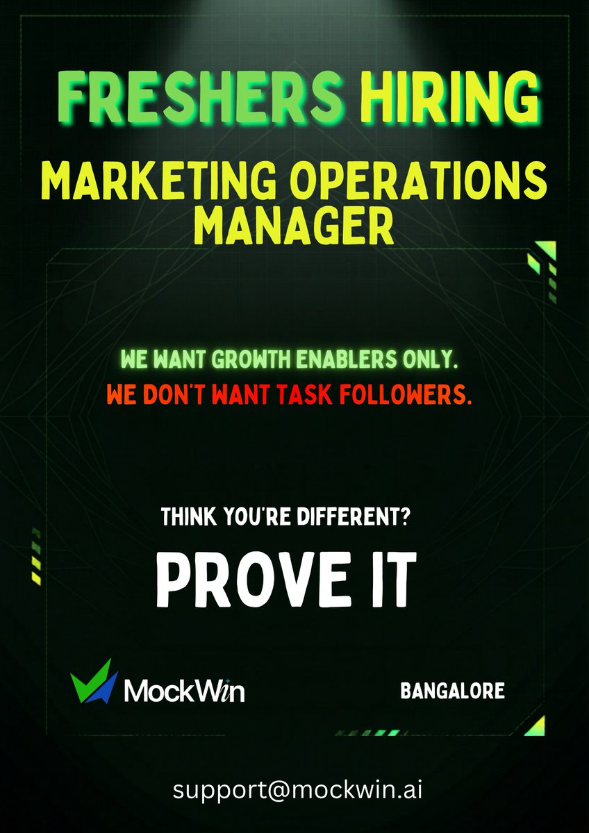 mockwinAI's tweet photo. Creativity without execution is noise.

Hiring: MARKETING OPERATIONS (Freshers)

📍 ITPL, Bangalore
📩 support@mockwin.ai
#FreshersHiring #StartupHiring #MarketingOperations #MockWinAI https://t.co/ATxZHJDcNQ