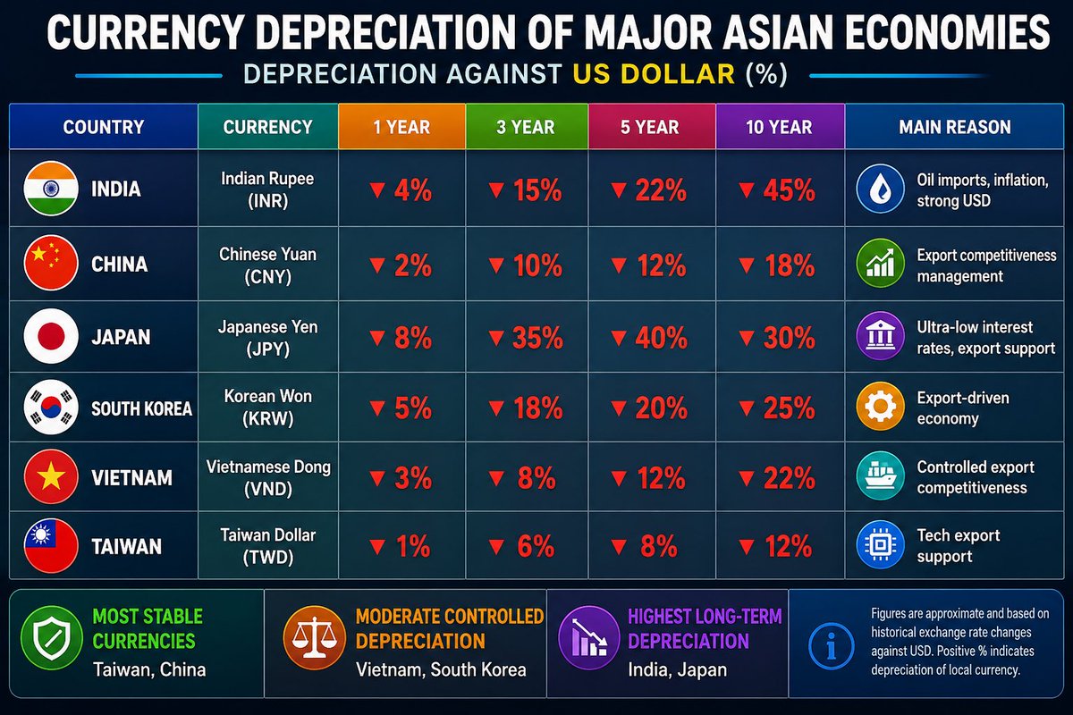 StocksWithparth's tweet photo. 🇮🇳 THE RUPEE STORY

Everyone says:
“Rupee falling = India becoming weak.”

But what if the bigger picture is completely different?

China, Vietnam, South Korea & Taiwan all built manufacturing dominance with competitive currencies, export power & industrial depth.

India today still imports:
❌ crude oil
❌ electronics
❌ APIs from China
❌ machinery

That’s why Rupee weakness hurts initially.

But over time, it can also force domestic manufacturing growth.

If imported APIs become expensive → India may manufacture APIs locally.

If electronics imports rise → local supply chains become viable.

This is how industrial revolutions begin:
Slowly. Painfully. Structurally.

A weak currency alone never creates wealth.

But:

Manufacturing + exports + industrial policy + competitive currency = economic transformation.

The real question is not:
“Why is Rupee weak?”

The real question is:

Can India use this phase to build its next 20-year manufacturing supercycle? 🇮🇳