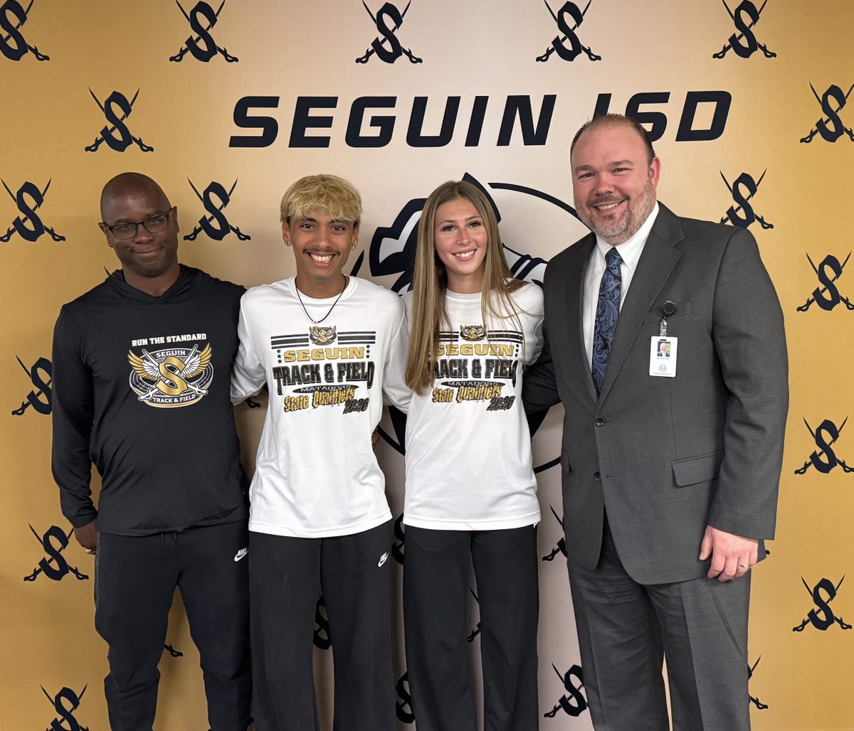 SeguinISD's tweet photo. Congratulations to this year's UIL State Track & Field qualifiers from Seguin High School and Coach Clifford Crews. Freshman Paige Leyendecker qualified in Long Jump; junior Adrian Rangel qualified in the 1600. Both finished in the top 10 at the State meet! #MatadorPride https://t.co/DHVoVfiR72