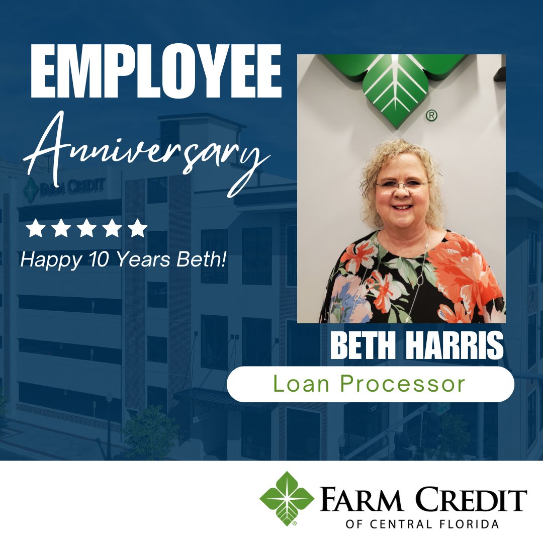 FarmCreditCFL's tweet photo. 🎉 Cheers to 10 Years!
Today we celebrate Beth Harris, Loan Processor, for a decade of exceptional service at Farm Credit of Central Florida. Her hard work and steady support for our members help drive our mission forward. Thank you Beth for all you do! 👏 https://t.co/3lyIK12nFP
