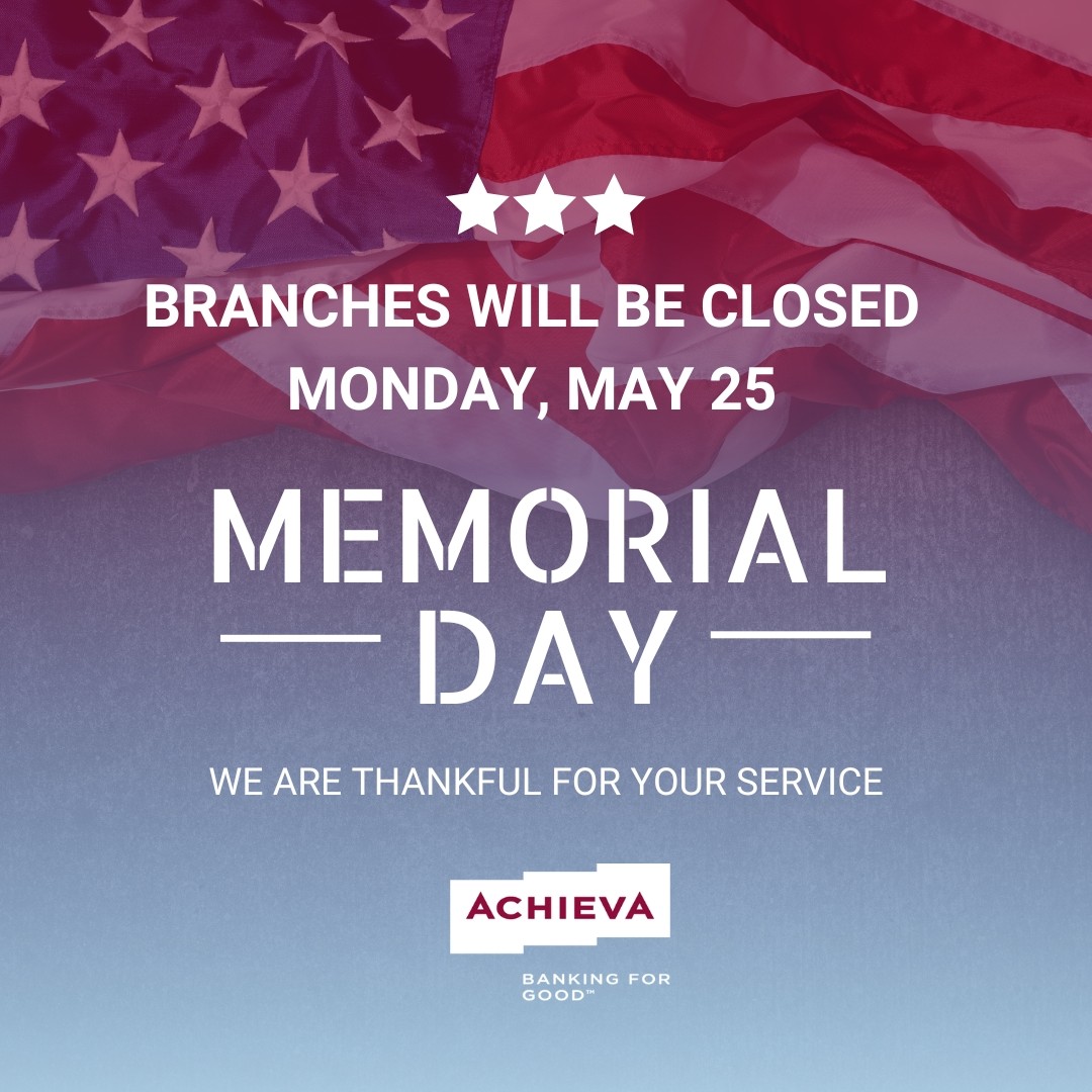 AchievaCU's tweet photo. 🇺🇸 In honor of Memorial Day, all Achieva Credit Union branches will be closed on Monday, May 25.

Normal hours resume Tuesday, May 26. You can still manage your accounts 24/7 via the Achieva Mobile App, online banking, or at our ATMs. Have a safe weekend!

#AchievaCU https://t.co/0ryRfbl9pB