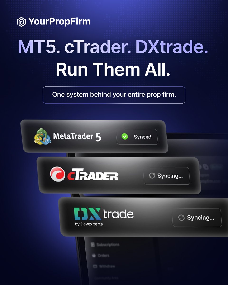 yourpropfirm's tweet photo. Your traders use MT5, cTrader, and DXtrade.

Why limit your prop firm to one?

YourPropFirm connects multiple platforms under one system — so you can scale without adding complexity.

#YourPropFirm #PropFirm #MT5 #cTrader #DXtrade https://t.co/llQ7a77mnD