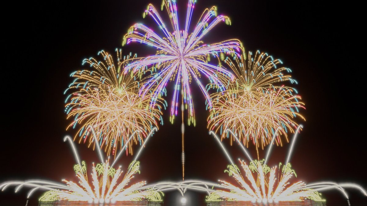 OwariFireworks's tweet photo. 【fwsim】はいよろこんで(台船打ち上げバージョン)　ミュージックスターマイン

YouTube動画URL👇
https://t.co/QW7NKFxN64

逗子海岸花火大会の配置で演出してみました

#fwsim 　
#花火　
#花火大会
#fireworks https://t.co/lMzJIoprUl