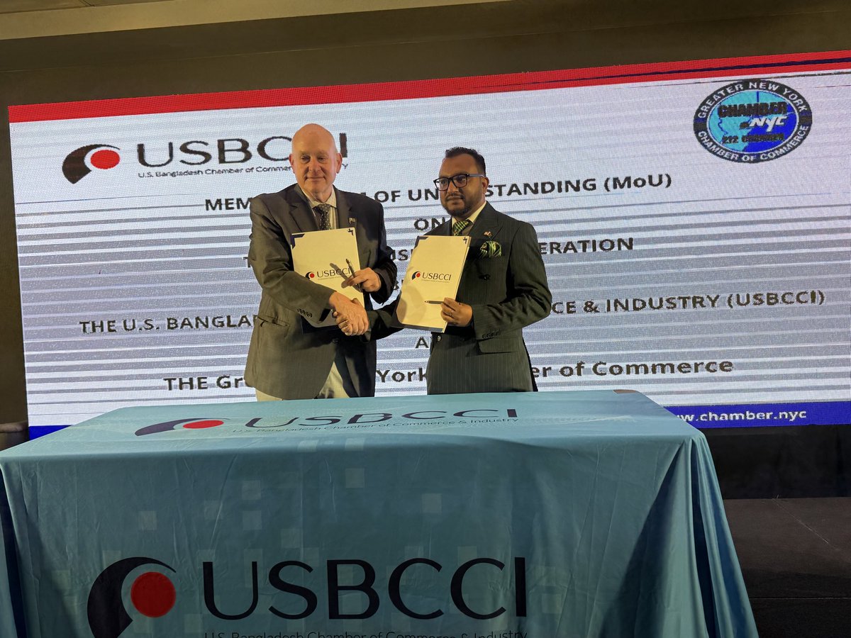 NYChamber's tweet photo. Last week, our President and CEO, Mark Jaffe, signed a Memorandum of Understanding with Md. Liton Ahmed, President and CEO of the U.S. Bangladesh Chamber of Commerce and Industry (USBCCI).

This partnership took place at the Third USBCCI Real Estate Expo 2026, where Mark was a Keynote Speaker, and continues our aim to strengthen trade relations, business ties, networking opportunities, and economic development between our organizations and countries.

We believe that promoting International Trade and business relationships is beneficial to the New York Business Community and opens doors for local businesses to expand and network.

We look forward to continuing to do great work with the USBCCI to help our members and NYC businesses.