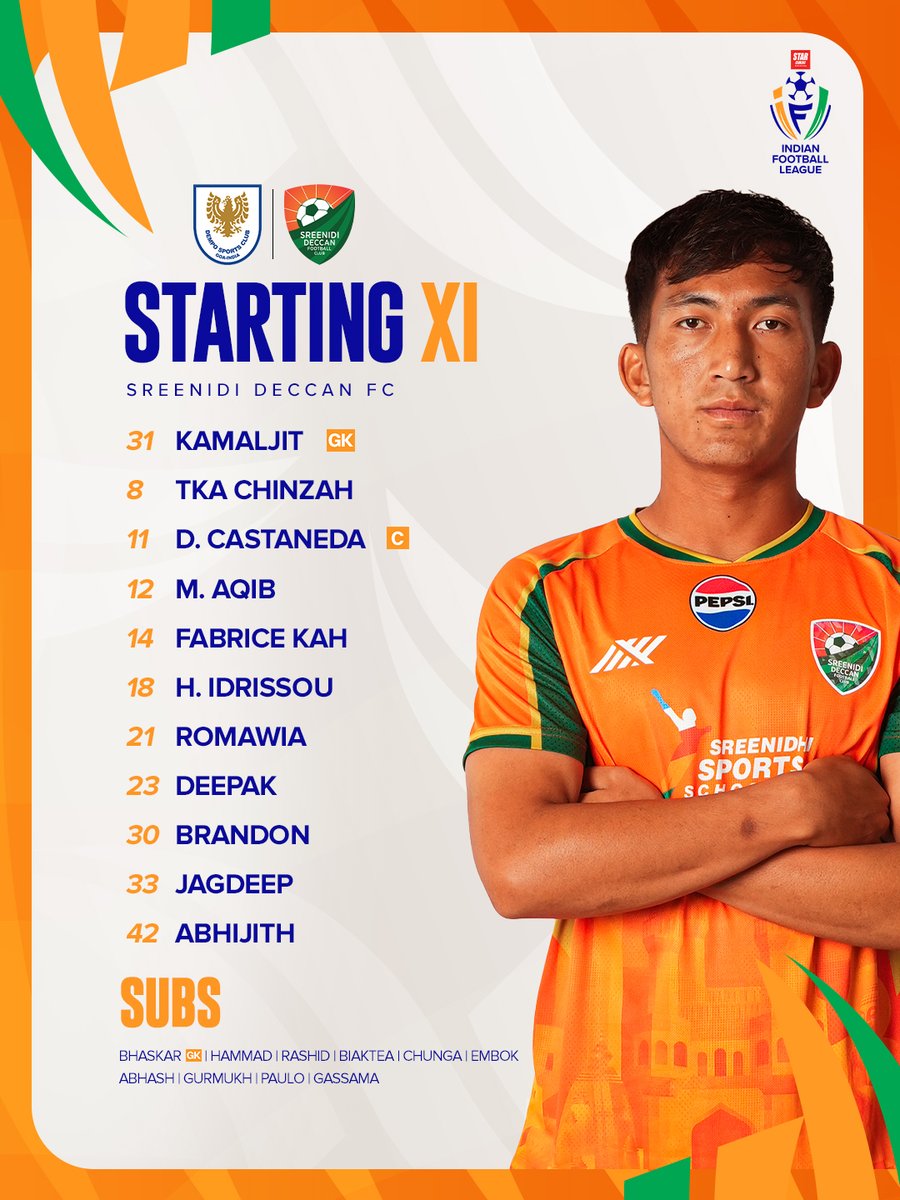 IndFtblLeague's tweet photo. โ No changes for @demposcofficial today while Lalthankhuma replaces the suspended Ajay Chhetri for @sreenidideccan ๐
๐บ @ddsportschannel & @SonySportsNetwk
๐ป @WAVES_OTT & @SonyLIV
#StarCementIFL ๐ #IndianFootballLeague #IndianFootballโฝ #DEMSDEC https://t.co/qmNmPupaJI