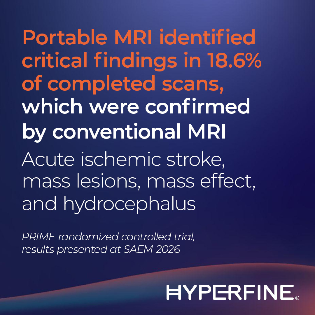 Hyperfine's tweet photo. PRIME results at #SAEM26 – bedside portable MRI cut median order-to-scan time to 1.28 hrs vs 7.76 hrs with conventional MRI (a median difference of 6.35 hrs). Critical neurological findings were identified in 18.6% of scans and confirmed by conventional MRI. 

Full PR: https://t.co/g482RHAvF3

#EmergencyMedicine #Neuroimaging