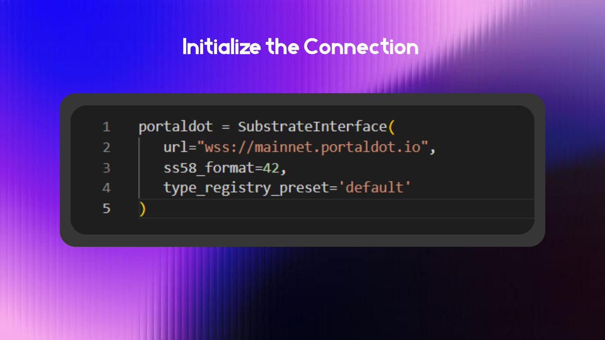 Portaldot_Dev's tweet photo. Next, establish a connection to the Portaldot mainnet node.

The endpoint connects your application to the live network, while ss58_format ensures address compatibility and the type registry enables accurate decoding of chain data and runtime structures. https://t.co/wev595UcW6