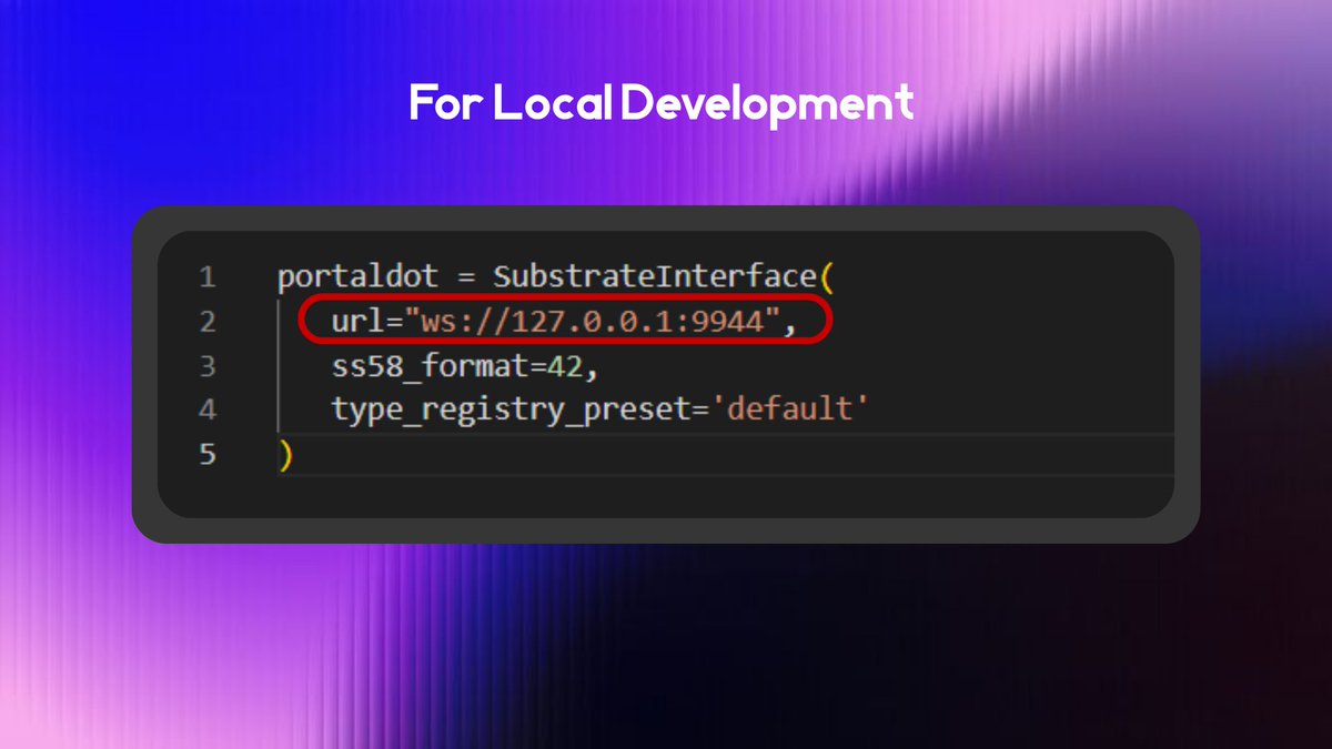 Portaldot_Dev's tweet photo. For local testing and development, switch the endpoint to your local Substrate node: 

url = "ws://127.0.0.1:9944"

Running against a local node allows developers to test logic, transactions, and integrations in a controlled environment before deploying to Portaldot mainnet. https://t.co/YHn7Tj50k7