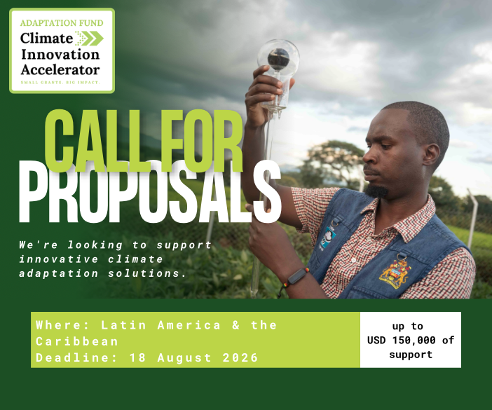 adaptationfund's tweet photo. Calling climate adaptation innovators in Latin America &amp; the Caribbean 🌱
The Adaptation Fund Climate Innovation Accelerator is open until 18 Aug, offering technical assistance to help scale impactful adaptation solutions.
Learn more 👇
https://t.co/z4eYTt6h5K https://t.co/PEHEwnLxAf