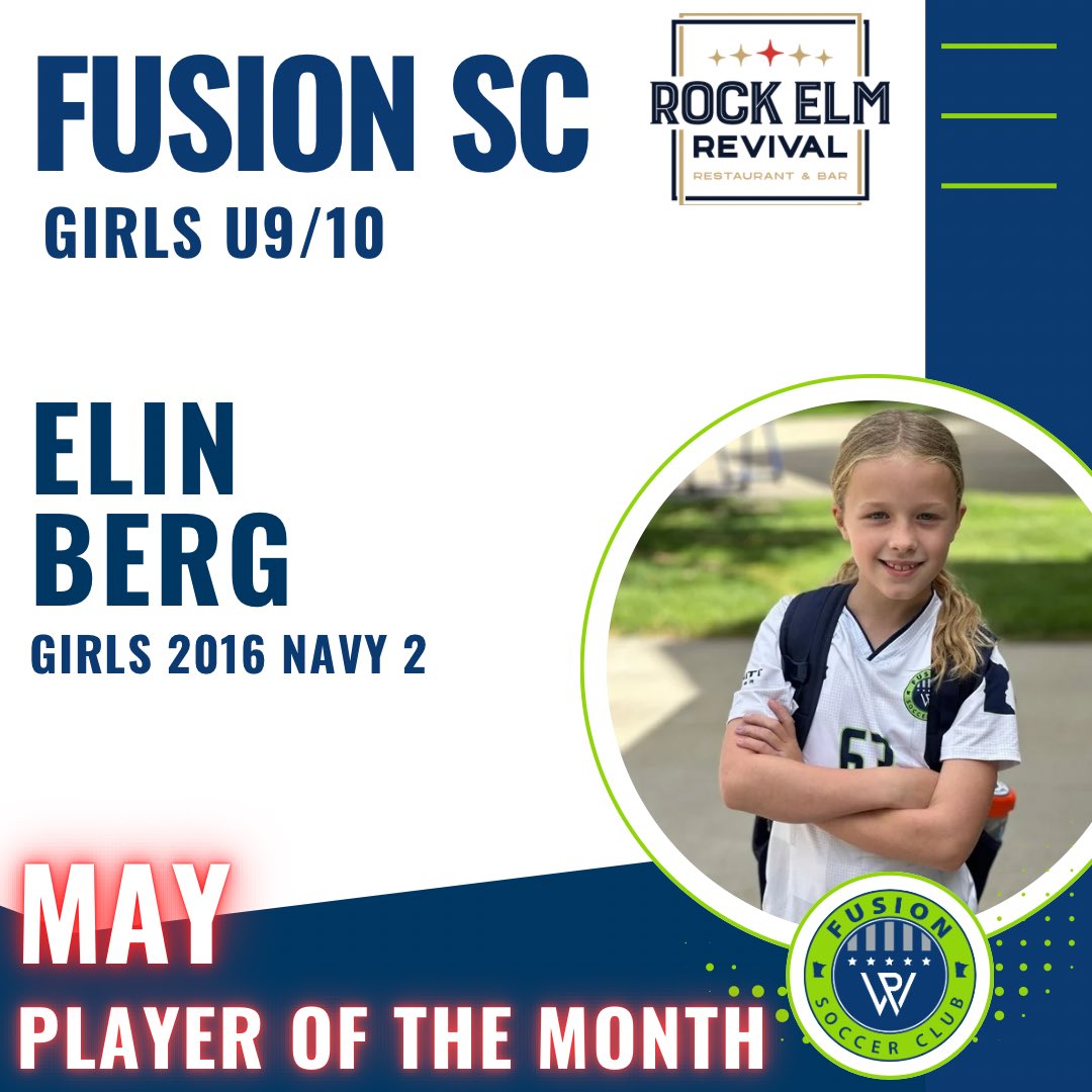 fusionsoccermn's tweet photo. Big congratulations to Elin Berg, our May Girls U9–10 Fusion SC Rock Elm Revival Player of the Month! ⚽👏
Huge thank you to @rockelmtavern for their continued monthly support of our players!
#develophere https://t.co/9NVt8oEYpn