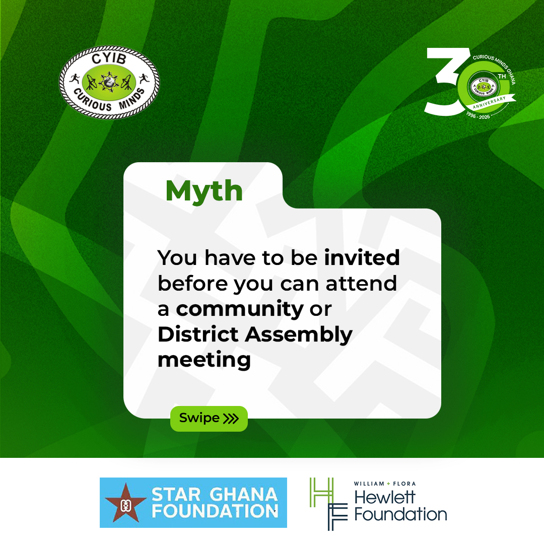 cmghana's tweet photo. Myth: You have to be invited before you can attend a community or District Assembly meeting.

Fact: Many community engagements such as town hall meetings, public hearings, and durbars are open to everyone, including young people. Instead of waiting for an invitation, young people can take initiative by attending open forums and seeking information on how to engage.

Active participation begins when young people show interest in issues affecting their communities.

#Youth4Gov #CMGhana #Volunteering #LocalGovernance #CuriousAt30