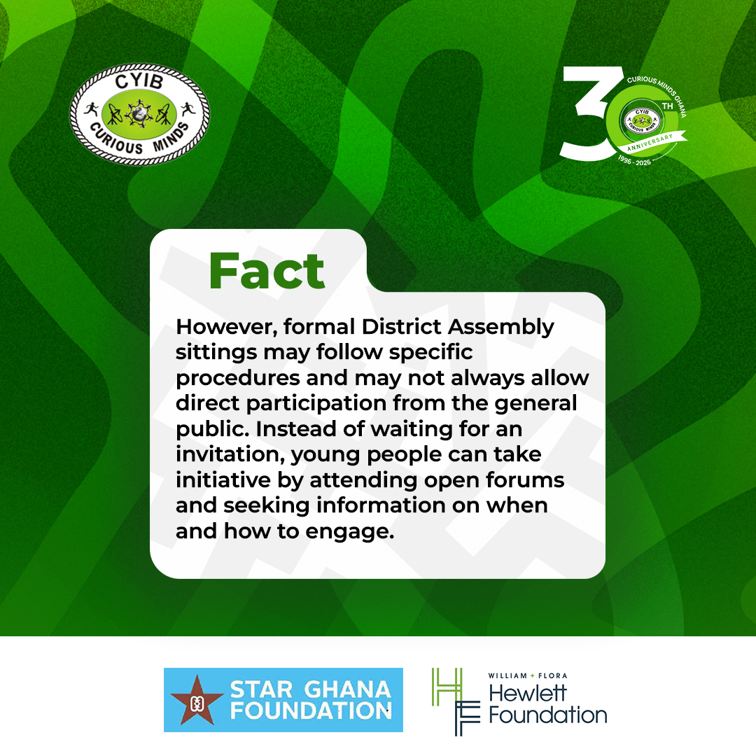 cmghana's tweet photo. Myth: You have to be invited before you can attend a community or District Assembly meeting.

Fact: Many community engagements such as town hall meetings, public hearings, and durbars are open to everyone, including young people. Instead of waiting for an invitation, young people can take initiative by attending open forums and seeking information on how to engage.

Active participation begins when young people show interest in issues affecting their communities.

#Youth4Gov #CMGhana #Volunteering #LocalGovernance #CuriousAt30
