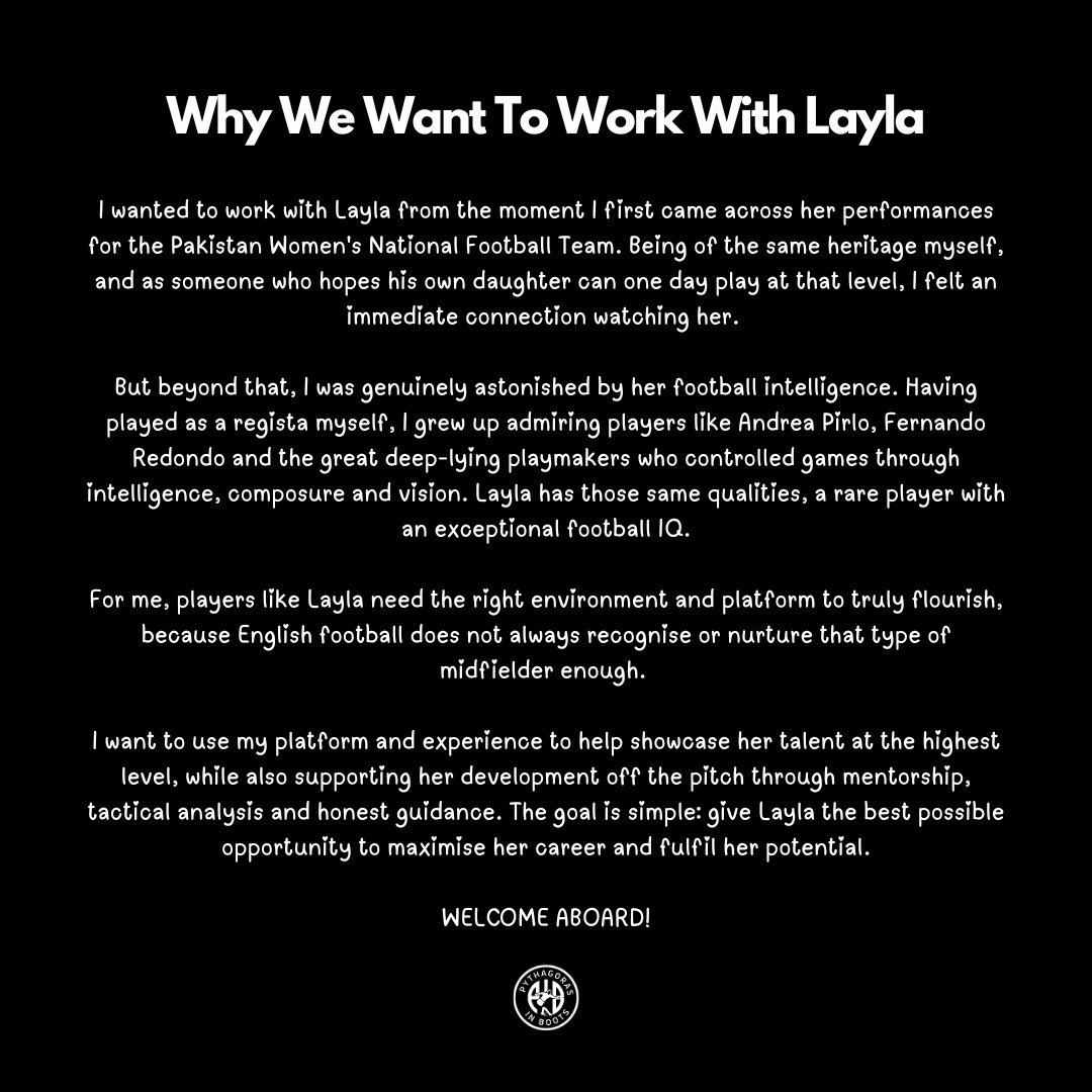 pythaginboots's tweet photo. Last year I posted this and it went viral… a year later and I have officially signed @LaylaBanaras as our first international female footballer 🤯

We will guide her on and off the pitch, ranging from contractual negotiations to performance analysis…

Please Welcome Layla! https://t.co/25Km0qYFCa
