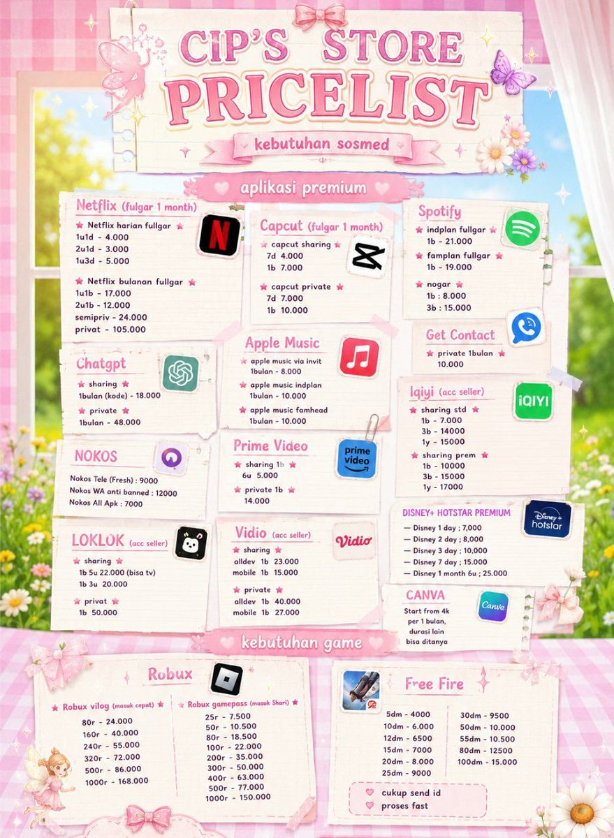 pieappleyspc's tweet photo. OPEN ORDER APLIKASI PREMIUM MURAHH, PROSES CEPAT YU YU UPFOLL IG INSTAGRAM FOLLOWERS INSTAGRAM LIKE TIKTOK PAKET HEMAT FYP UPFOLL TIKTOK NETFLIX HARIAN SPOTIFY CHATGPT LOKLOK VIDIO DISNEY CANVA #zonauangㅤ #BTS_ARİRANG #netflix #ig #TikTok 

ORDER NOW, WA ON BIO GUYSS https://t.co/PeBRJPzDU2