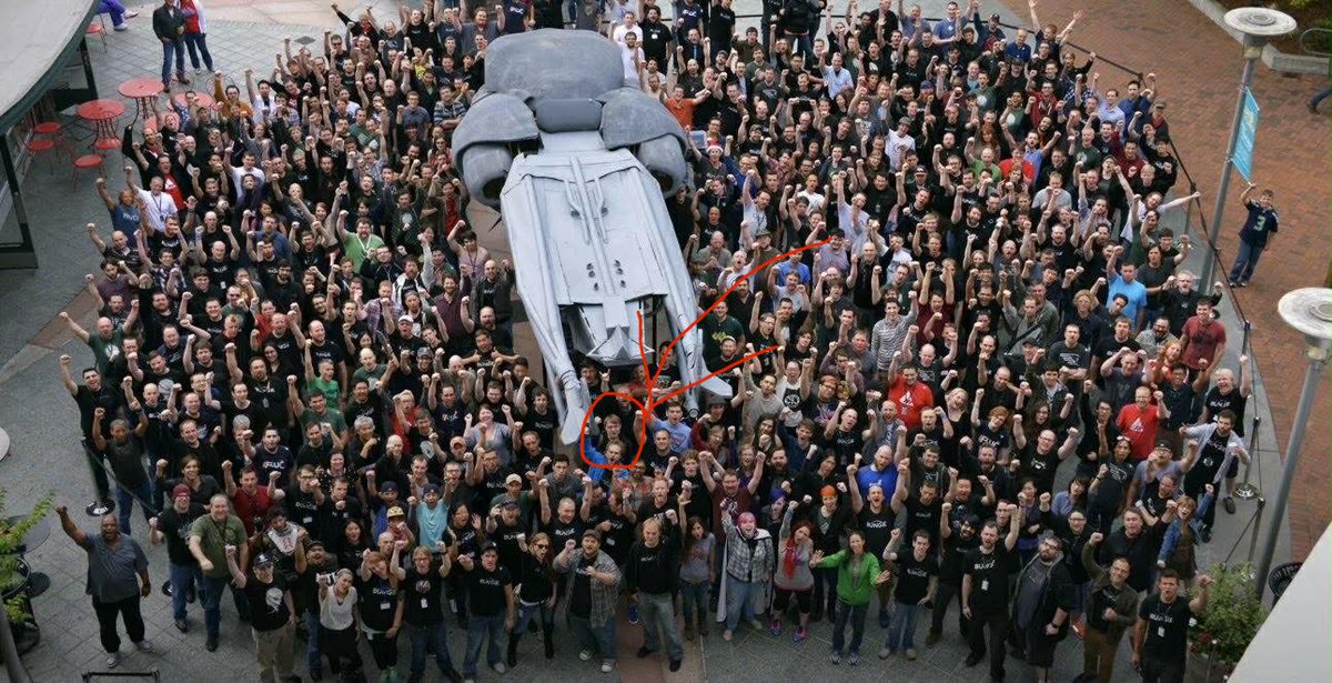 DueLearner's tweet photo. @exilezee @bumbadum14 This picture is the Bungie team from the Destiny 1 launch. I know because I’m in this picture lol. I was a contractor on D1 for 8 months. Not sure why using a team photo from 12 years ago would be indicative of the teams makeup today. https://t.co/yLs6F66nS2