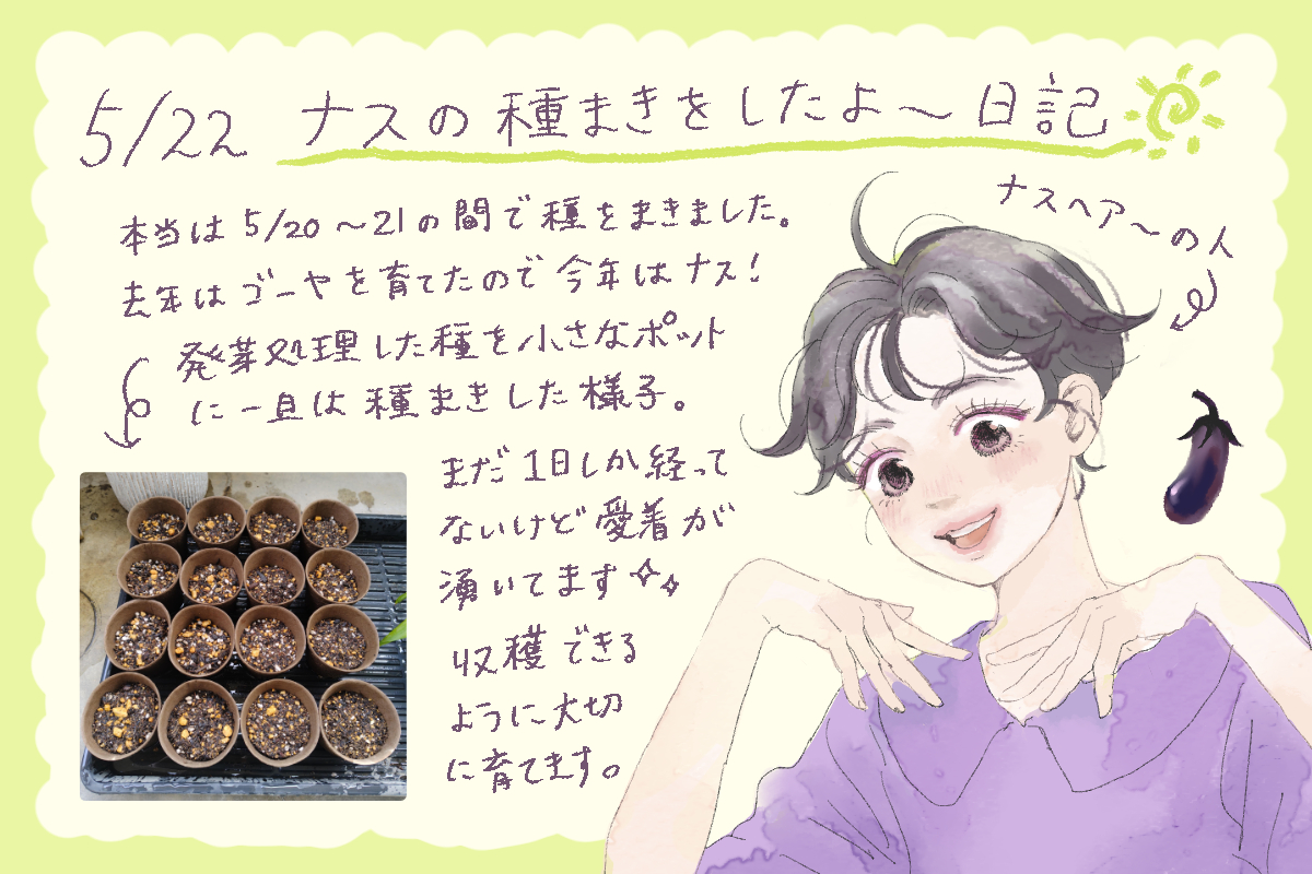 harami_raha's tweet photo. ナスの種まきをしました。職探しは普通に選考バンバコ落ちるので焦っています。ﾋｴ～～
#今日の日記　#イラスト　#らくがき https://t.co/f2qSISNQFB
