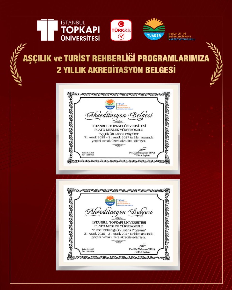 TopkapiUniv's tweet photo. Plato Meslek Yüksekokulumuz bünyesinde yer alan Aşçılık ve Turist Rehberliği ön lisans programlarımızın aldığı akreditasyon kapsamında, Turizm Eğitimi Değerlendirme ve Akreditasyon Kurulu (TURAK) Yönetim Kurulu Üyesi Dr. Hüsniye Fırat, Rektörümüz Prof. Dr. Emre Alkin’i ziyaret ederek akreditasyon belgelerini takdim etti.

Programlarımızın 2 yıl süreyle akredite edilmesi, eğitimde kalite anlayışımızın, sürekli gelişim yaklaşımımızın ve akademik standartlara verdiğimiz önemin bir göstergesi oldu.