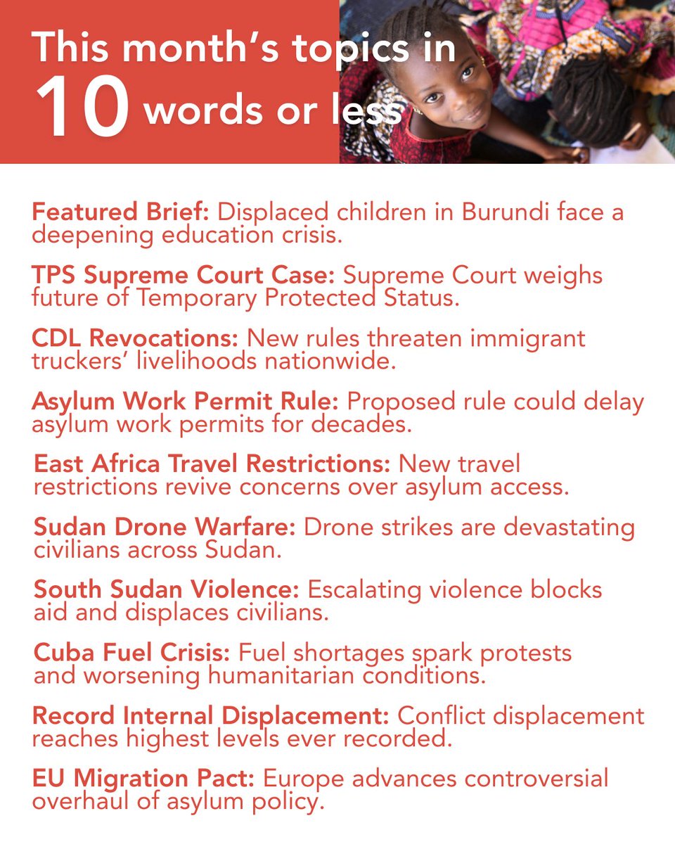 USCRIdc's tweet photo. Our May Policy + Advocacy Newsletter is here.

This month, our analysts break down the policies and global crises shaping the lives of refugees, immigrants, and displaced communities worldwide.

Stay informed. Read the full newsletter at https://t.co/HM9CaSezXR https://t.co/NtTOwcbij7