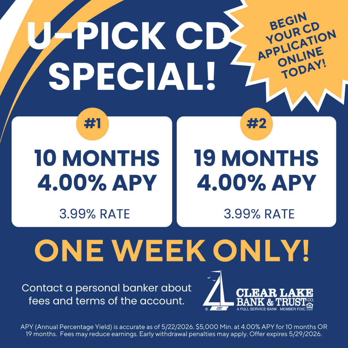 CLBankAndTrust's tweet photo. ONE WEEK ONLY! From 5/22-5/29 check out our U-Pick CD Special! These rates won't last - head to our website or contact a personal banker to apply today! https://t.co/kyB3HPJ0o0
