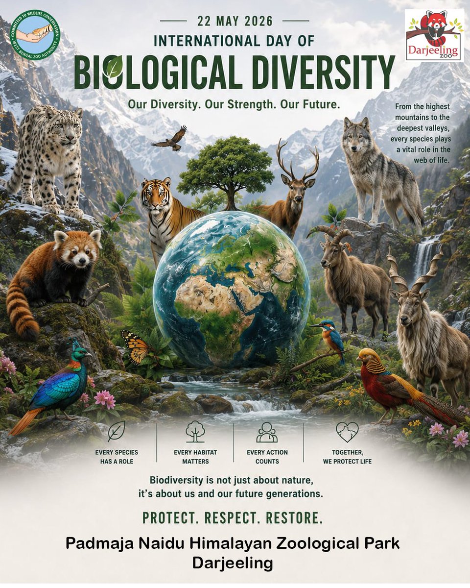 PnhzPark's tweet photo. Ecosystems that sustain our future. 🌿🌏
This International Day of Biological Diversity, let us unite to protect and restore nature for generations to come.
Because every life matters, and every action counts. 💚
Protect. Preserve. Coexist.
#pnhzp #darjeelingzoo #cza https://t.co/D2Ay5A1um9