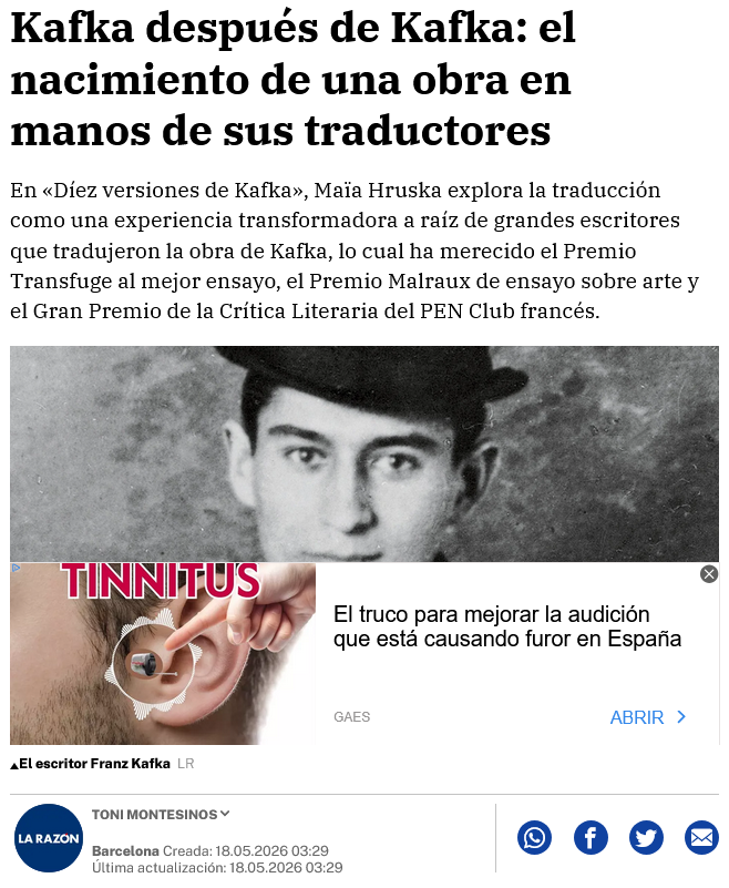 placa's tweet photo. 📚 Toni Montesinos en La Razón: Kafka después de Kafka, el nacimiento de una obra en manos de sus traductores

Nuestro autor reseña Diez versiones de Kafka, de Maïa Hruska, ganador de tres premios literarios en Francia

🔗 Lee la reseña completa → https://t.co/WzIKNpPVCM https://t.co/NlsVv8FDso