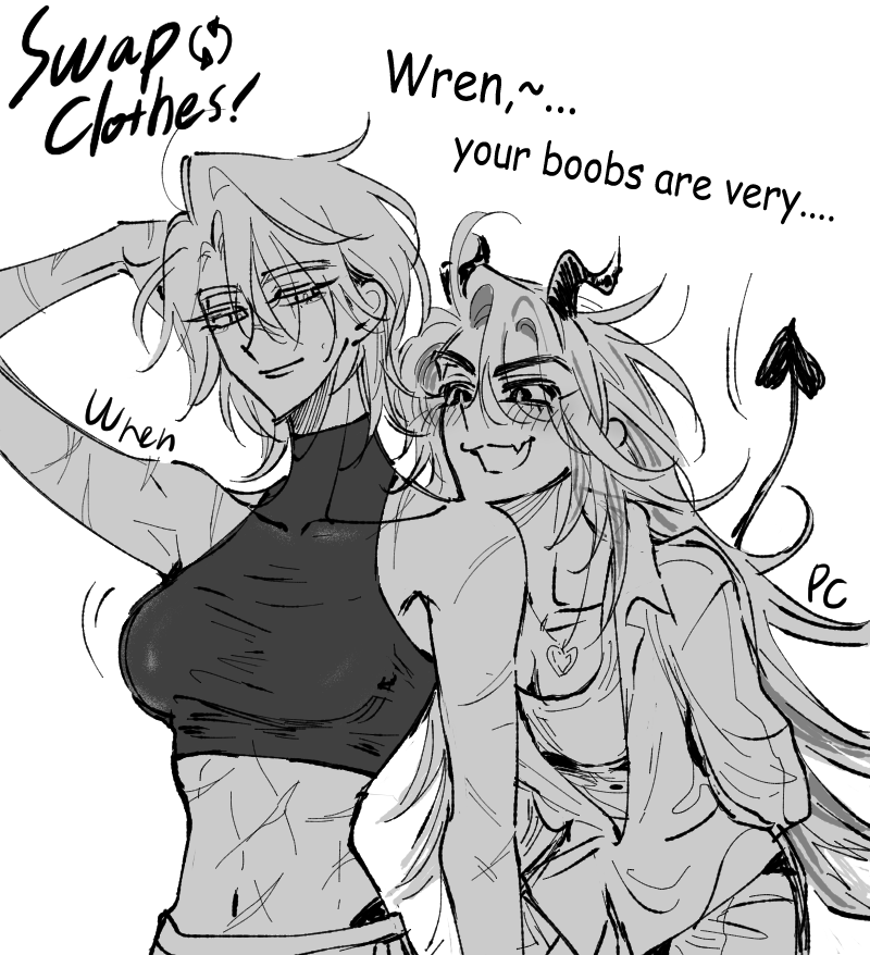 WrenTheSmuggler's tweet photo. #Degrees_of_Lewdity #DoL #WrenPC #WrenCora 
Swap clothes ! ♀️♀️ https://t.co/hxuEgf5vyM