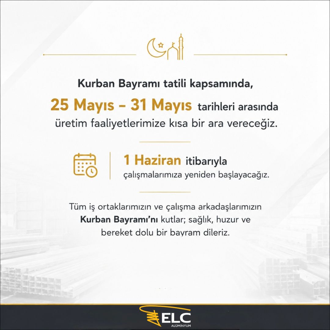 Elcaluminium's tweet photo. We’re taking a short break for Eid al-Adha. Wishing our colleagues, partners and their families a peaceful, healthy and joyful holiday.

Kurban Bayramı’nda kısa bir mola veriyoruz. Tüm iş ortaklarımıza ve çalışma arkadaşlarımıza huzurlu, sağlıklı ve mutlu bir bayram dileriz. https://t.co/QdAPjbZmVX