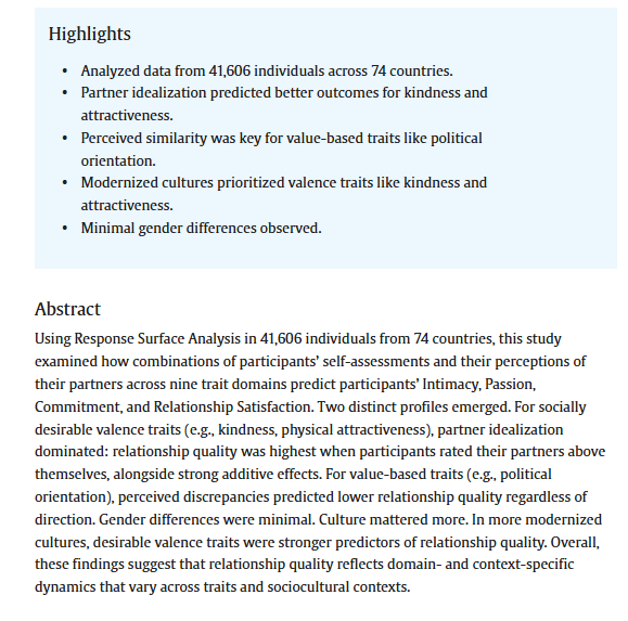 Marta7Kowal's tweet photo. 1/3 Is it better to idealize your partner or see them as similar to you? The analysis of data from 41,606 people across 74 countries provided evidence that for socially desirable traits (e.g., kindness or physical attractiveness) idealization wins. https://t.co/1vtfE6WoJj