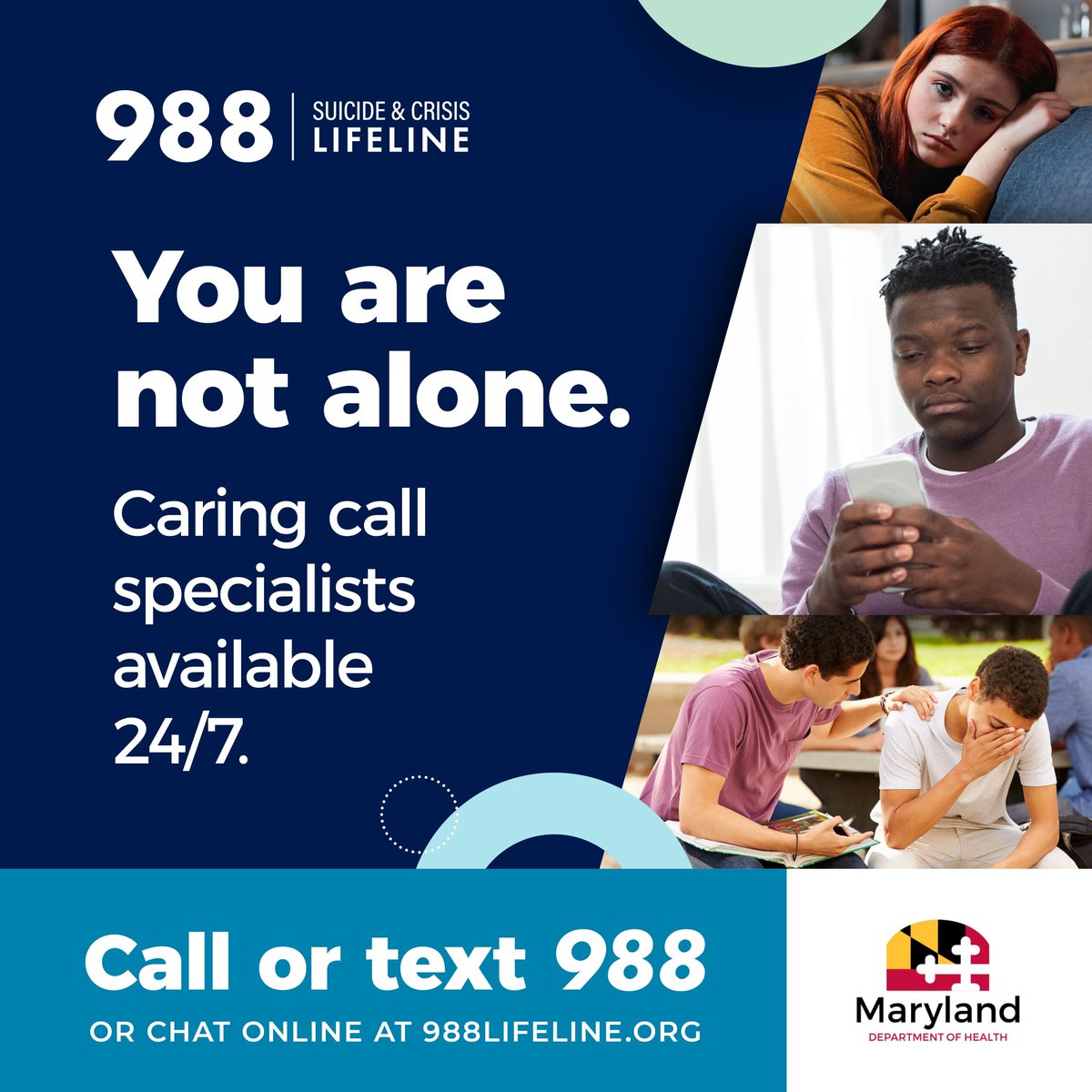 WorcesterHealth's tweet photo. If you or someone you know is struggling with anxiety, depression or problems with drugs or alcohol, you’re not alone. Marylanders can get immediate help by calling or texting 988. Learn more: https://t.co/LIpAKkFcJj #988Lifeline https://t.co/5qnhL4Icua