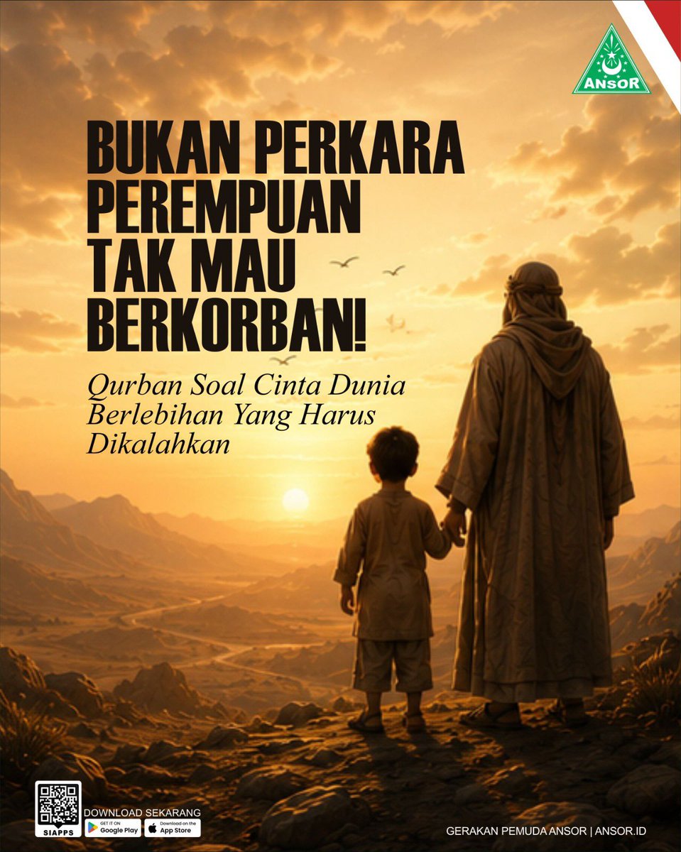 Official_Ansor's tweet photo. Idul Adha sebentar lagi, yang paling diingat banyak orang adalah menyembelih hewan kurban. Tetapi tentunya tidak hanya itu bukan. 

Dalam tradisi ulama dan tasawuf, kisah Nabi Ibrahim juga mengajarkan tentang keberanian mengorbankan hal-hal yang paling melekat dalam diri manusia.

Kadang yang paling sulit dilepaskan bukan harta, tetapi ego kita, ambisi kita, gengsi kita, bahkan yang paling dicintai. dan segala hal yang berkaitan dengan dunia 

Menurut sahabat, apa yang paling sulit dikorbankan manusia hari ini?