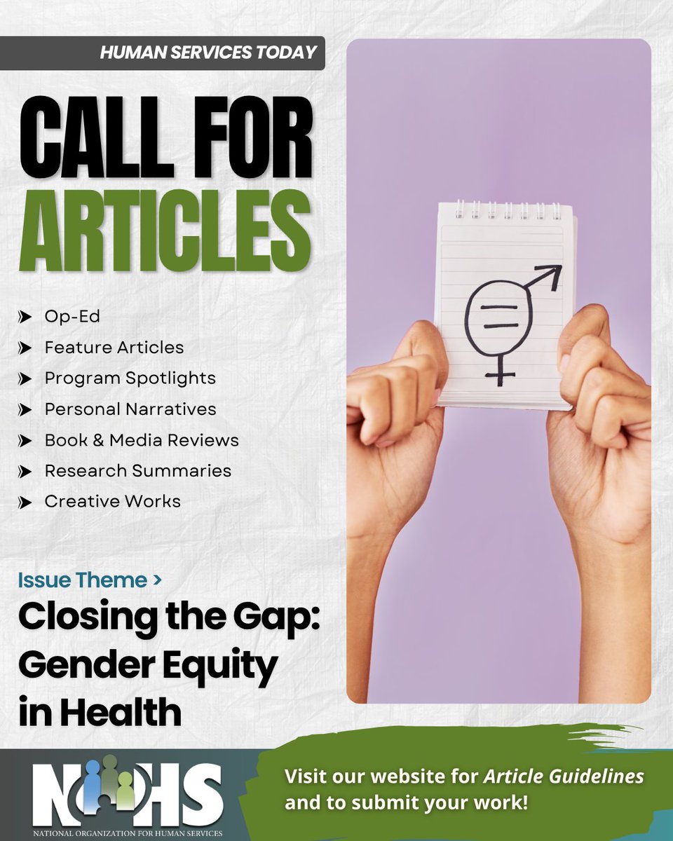 NOHS_org's tweet photo. Human Services Today is accepting submissions for the June issue! Theme: Closing the Gap: Gender Equity in Health
Articles, reflections, program spotlights, research summaries, and creative work are welcome.
#HumanServices #HumanServicesToday #HealthEquity https://t.co/tRDeqfOvoD