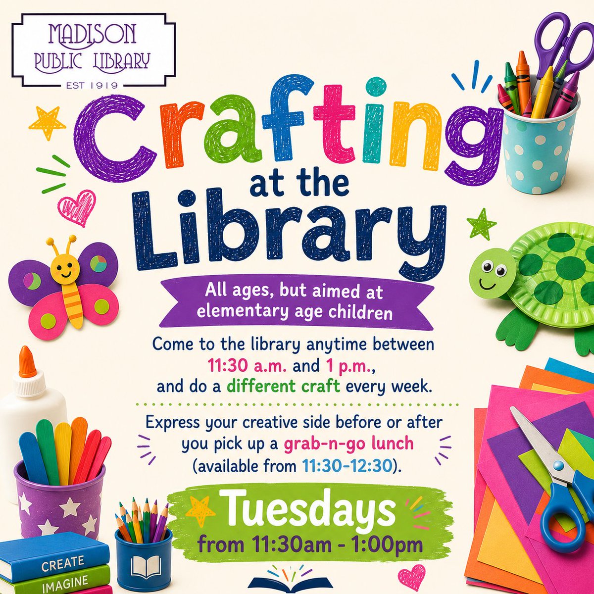 MadisonPL's tweet photo. π¨βοΈ Summer Crafts start June 2, 11:30 a.m.β1 p.m. at the library! Fun for all, especially kids. Grab-n-go lunch 11:30β12:30. ππ #LibraryFun #SummerActivities #KidsCrafts #CreativeKids #FamilyFun #SummerAtTheLibrary https://t.co/7YB0MItgYO
