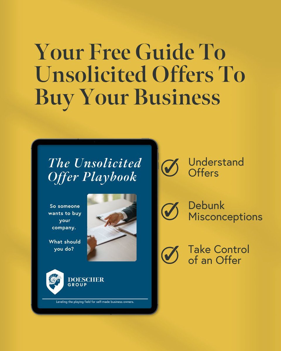 doeschergroup's tweet photo. A random “we want to buy your business” email can feel flattering.

But please do not take the first offer and start mentally spending the check.

There are steps to take first.

Free 60-page ebook: https://t.co/tGZFhCUnia

#businessowner #exitplanning https://t.co/9mWTytQzbk