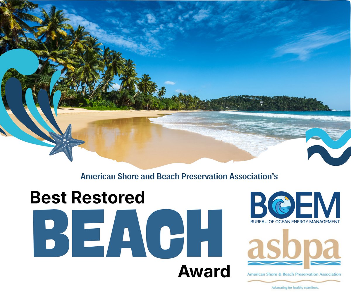 BOEM's tweet photo. @ASBPA’s top beach restoration awards celebrate two projects – in Martin Co., FL and Oak Island, NC – using OCS sand and supported by BOEM. OCS sand restores and protects our cherished national beaches. https://t.co/oNx8HevHaI https://t.co/jB4AZw3sc6