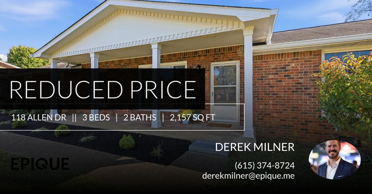 DerekMilner's tweet photo. 📍 Reduced Price 📍 This recently reduced home at 118 Allen Dr in Hendersonville won't last long, so, don't wait to set up a showing! Reach out here or at (615) 374-8724 for more information! https://t.co/BjxogVOqFU https://t.co/0Wh3abDXIJ